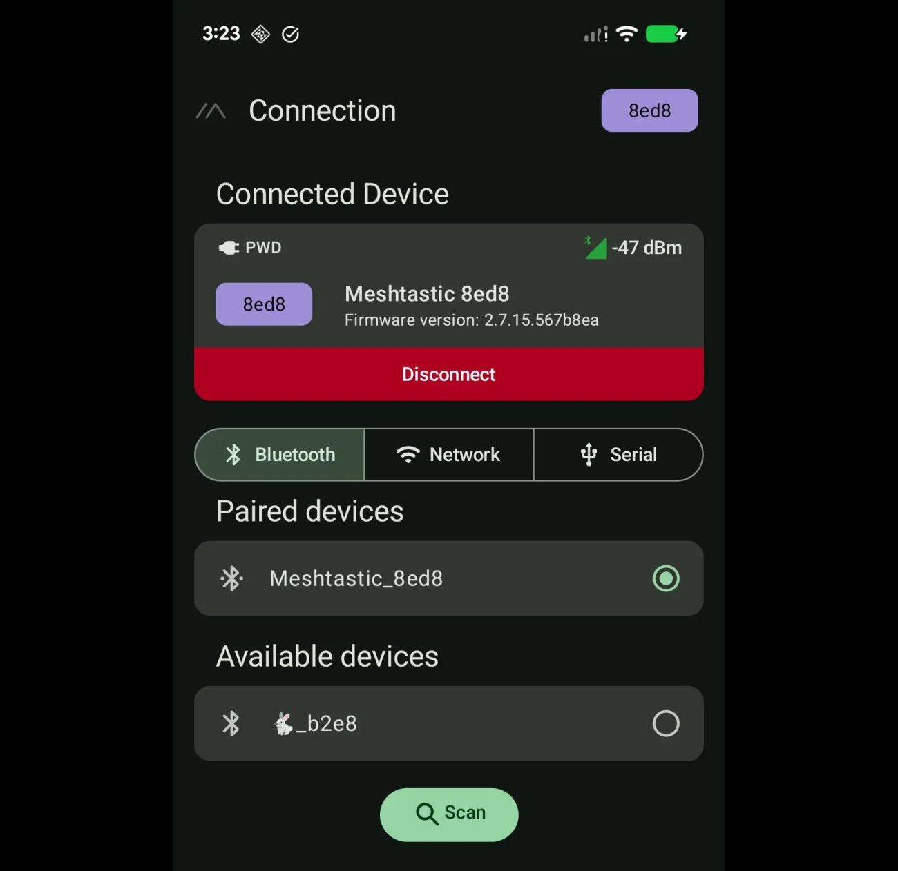 Phone paired with a Meshtastic node